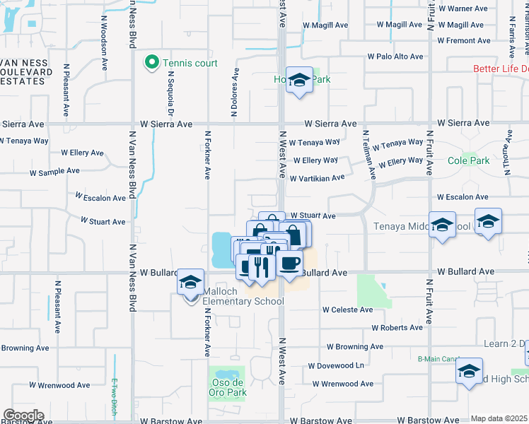 map of restaurants, bars, coffee shops, grocery stores, and more near 6141 North West Avenue in Fresno