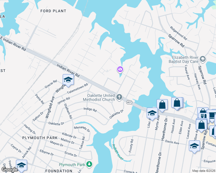 map of restaurants, bars, coffee shops, grocery stores, and more near 3310 Indian River Road in Chesapeake