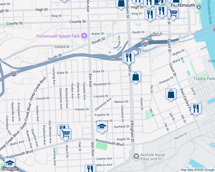 map of restaurants, bars, coffee shops, grocery stores, and more near 1708 Lasalle Avenue in Portsmouth
