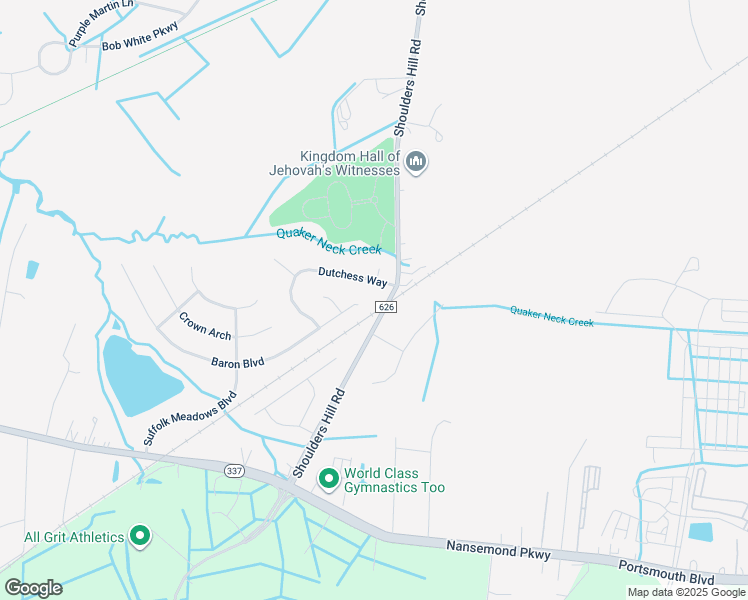 map of restaurants, bars, coffee shops, grocery stores, and more near 334 Baron Boulevard in Suffolk