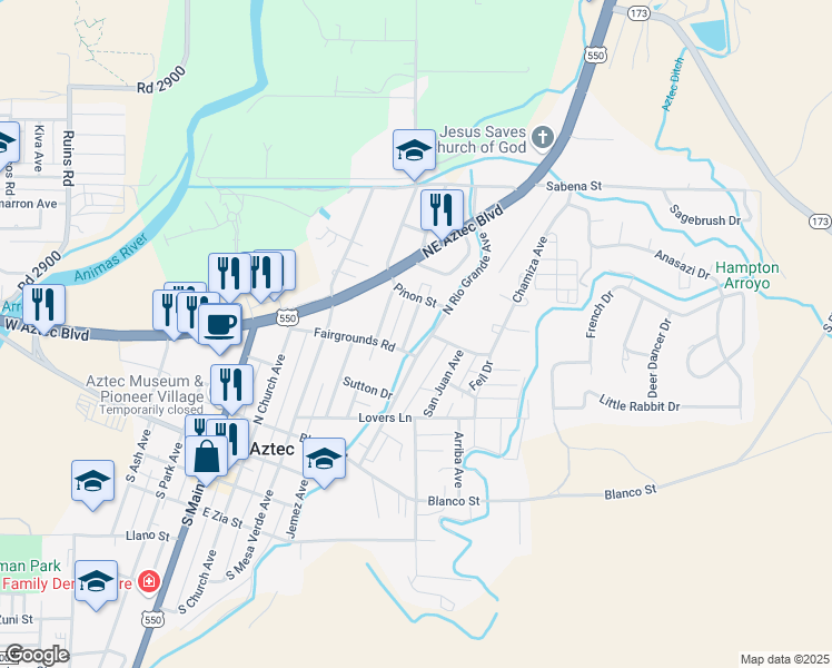 map of restaurants, bars, coffee shops, grocery stores, and more near 504B Orchard Avenue in Aztec