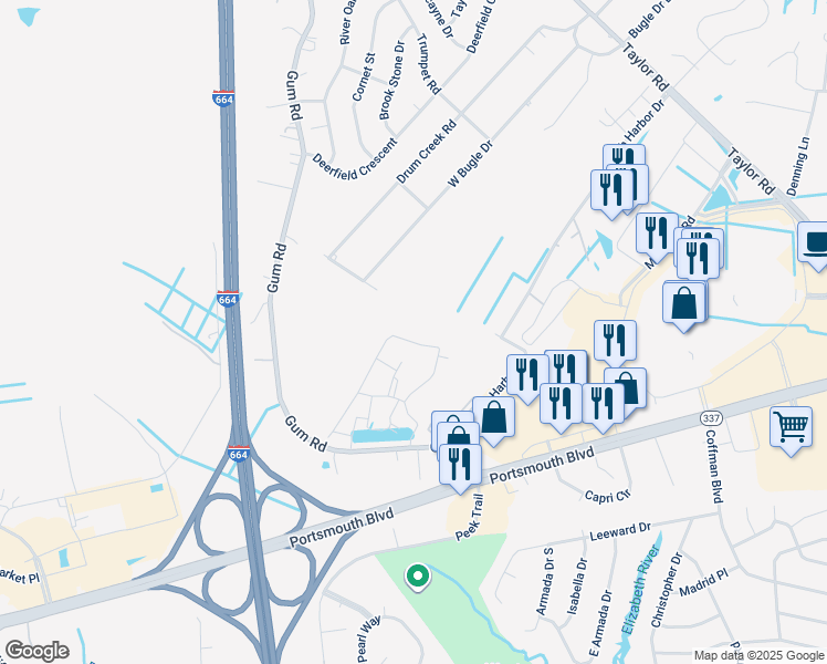 map of restaurants, bars, coffee shops, grocery stores, and more near 2438 Leytonstone Drive in Chesapeake