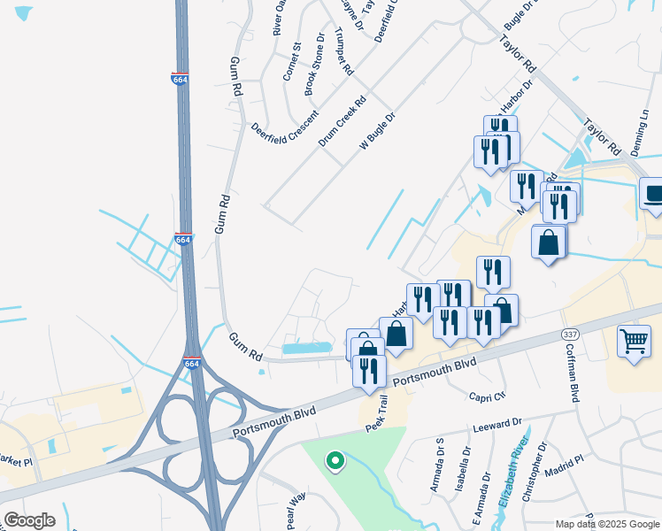 map of restaurants, bars, coffee shops, grocery stores, and more near 2438 Leytonstone Drive in Chesapeake