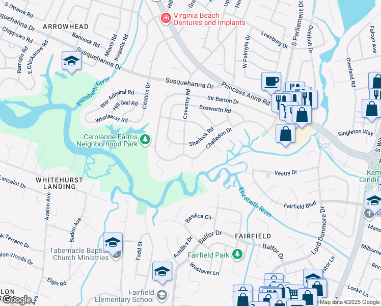 map of restaurants, bars, coffee shops, grocery stores, and more near 5344 Sherluck Road in Virginia Beach