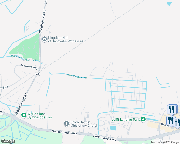 map of restaurants, bars, coffee shops, grocery stores, and more near 5223 Corolla Drive in Suffolk