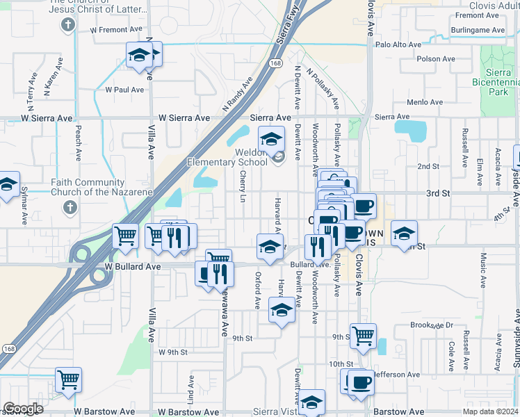 map of restaurants, bars, coffee shops, grocery stores, and more near 303 Cherry Lane in Clovis