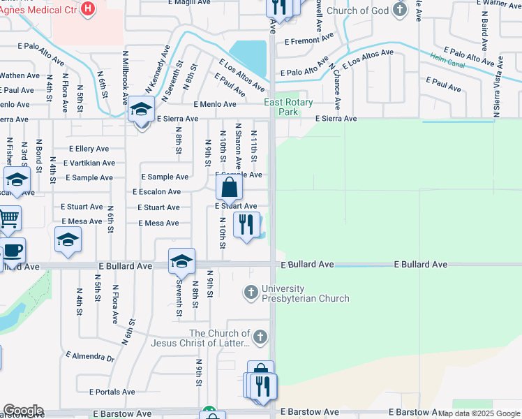 map of restaurants, bars, coffee shops, grocery stores, and more near 1741 East Escalon Avenue in Fresno