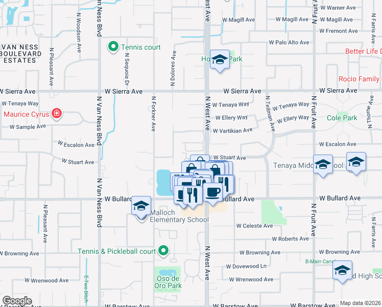 map of restaurants, bars, coffee shops, grocery stores, and more near 6205 North West Avenue in Fresno