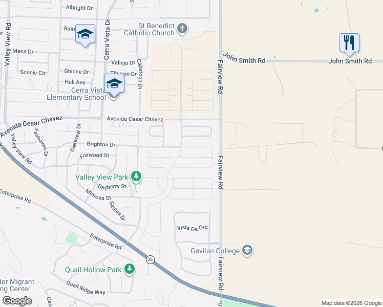 map of restaurants, bars, coffee shops, grocery stores, and more near 660 Fairview Road in Hollister