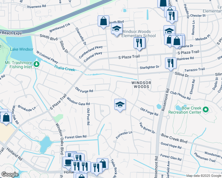 map of restaurants, bars, coffee shops, grocery stores, and more near 405 South Kings Point Road in Virginia Beach