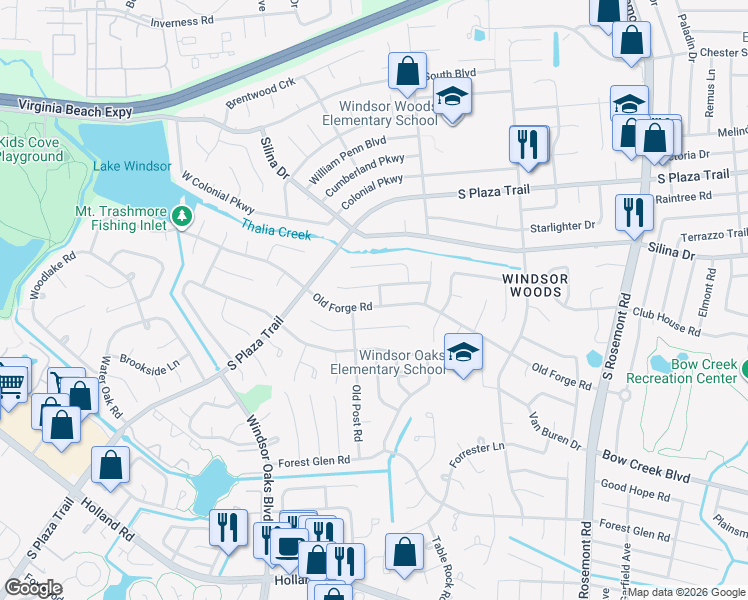map of restaurants, bars, coffee shops, grocery stores, and more near 3828 Concord Bridge Road in Virginia Beach