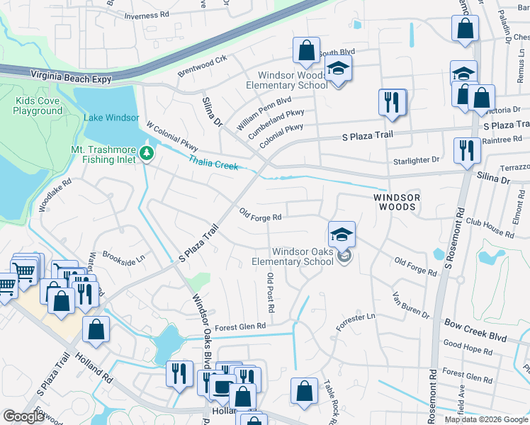 map of restaurants, bars, coffee shops, grocery stores, and more near 3852 Concord Bridge Road in Virginia Beach