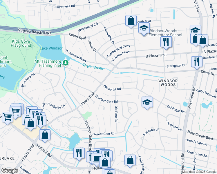 map of restaurants, bars, coffee shops, grocery stores, and more near 3868 Old Forge Road in Virginia Beach