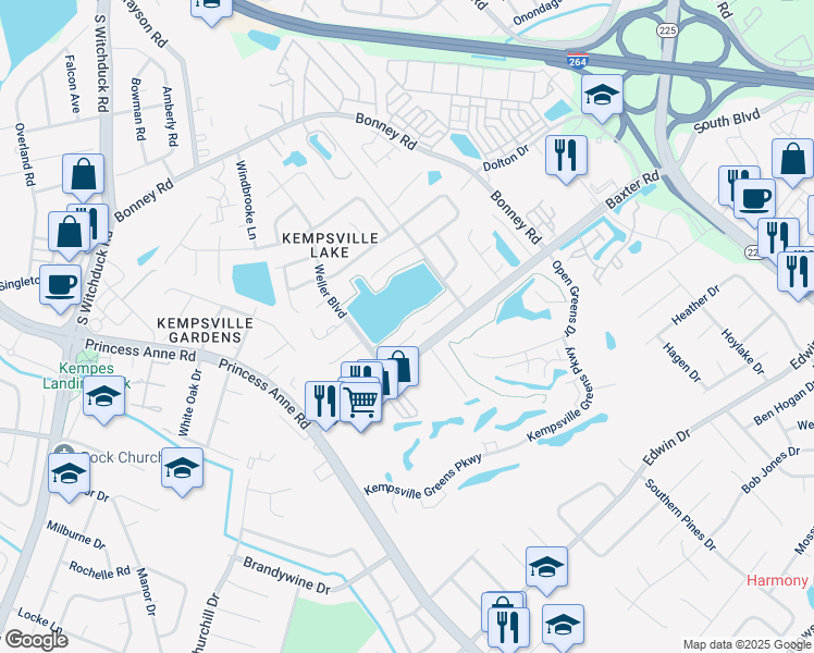 map of restaurants, bars, coffee shops, grocery stores, and more near 4638 Fern Oak Court in Virginia Beach