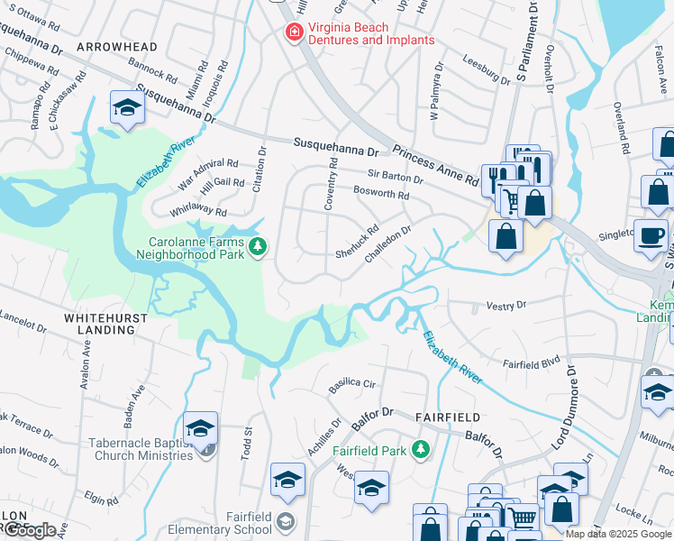 map of restaurants, bars, coffee shops, grocery stores, and more near 5344 Sherluck Road in Virginia Beach