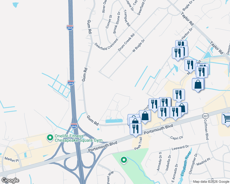 map of restaurants, bars, coffee shops, grocery stores, and more near 538 Fife Street in Chesapeake