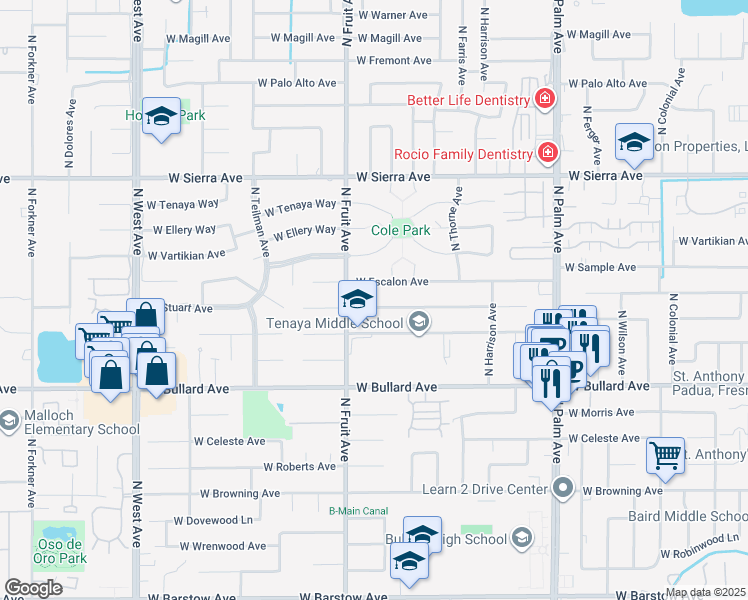 map of restaurants, bars, coffee shops, grocery stores, and more near 1326 West Escalon Avenue in Fresno