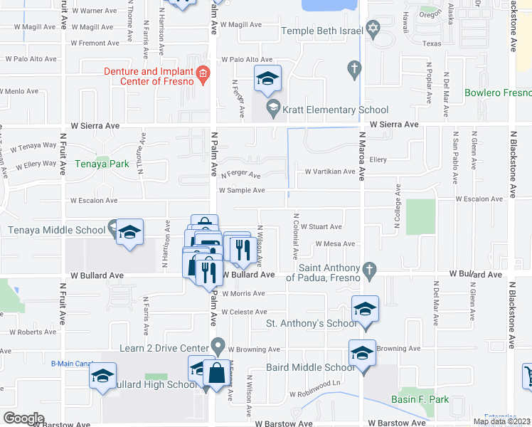 map of restaurants, bars, coffee shops, grocery stores, and more near 647 West Escalon Avenue in Fresno