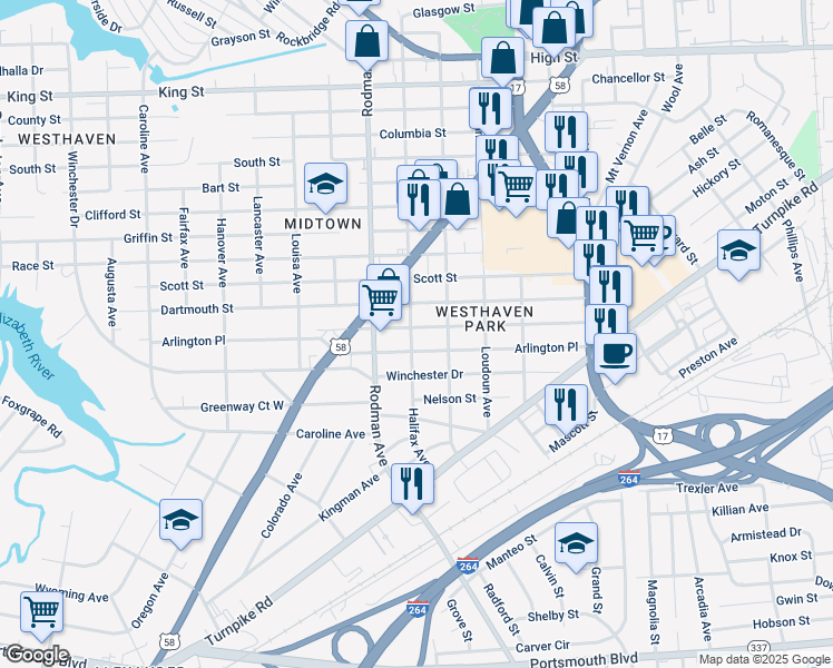 map of restaurants, bars, coffee shops, grocery stores, and more near 3523 Brighton Street in Portsmouth