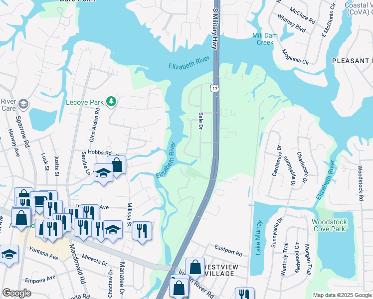map of restaurants, bars, coffee shops, grocery stores, and more near 3420 South Crestline Drive in Virginia Beach