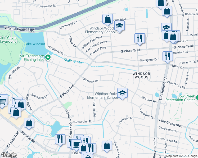 map of restaurants, bars, coffee shops, grocery stores, and more near 3828 Concord Bridge Road in Virginia Beach