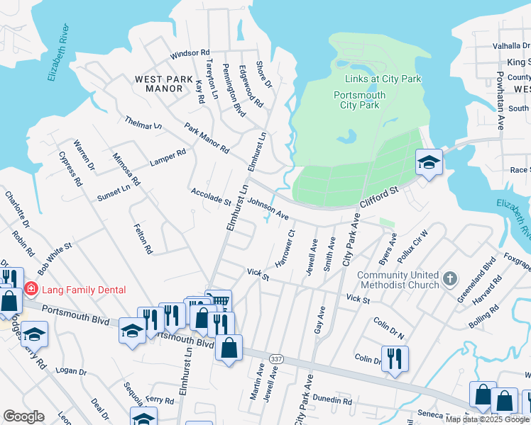 map of restaurants, bars, coffee shops, grocery stores, and more near 5227 Johnson Avenue in Portsmouth