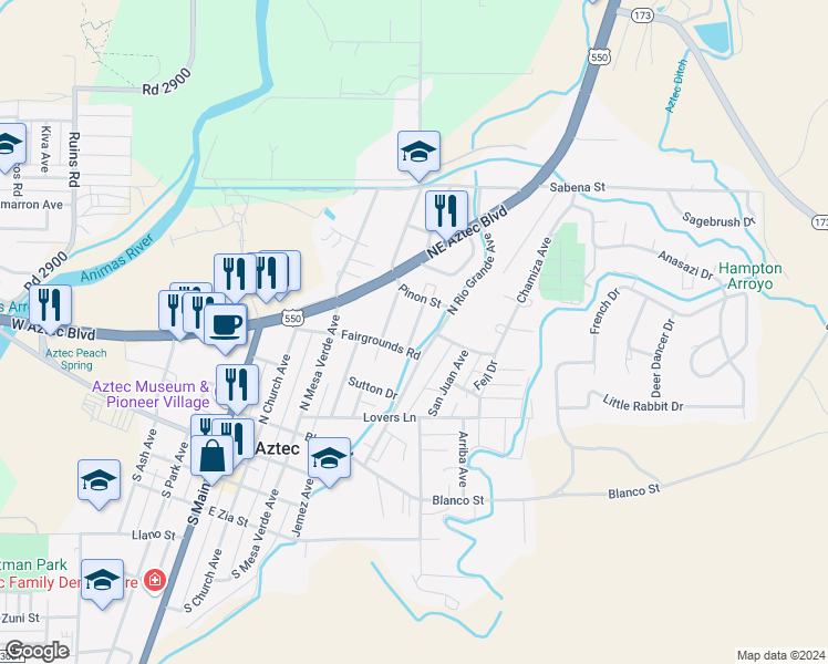 map of restaurants, bars, coffee shops, grocery stores, and more near 504 Orchard Avenue in Aztec