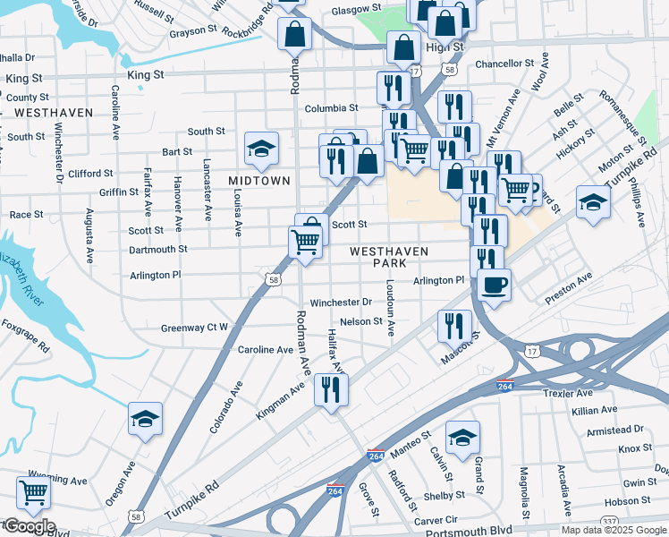 map of restaurants, bars, coffee shops, grocery stores, and more near 3523 Brighton Street in Portsmouth