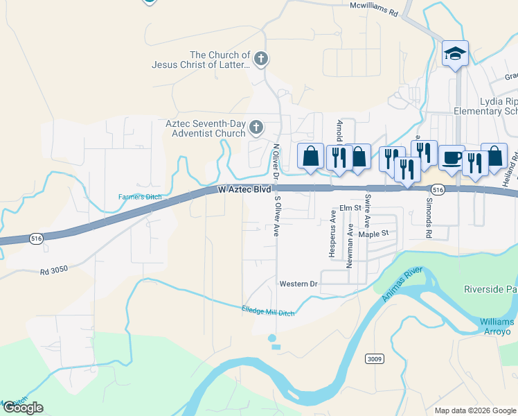 map of restaurants, bars, coffee shops, grocery stores, and more near 103 South Oliver Drive in Aztec