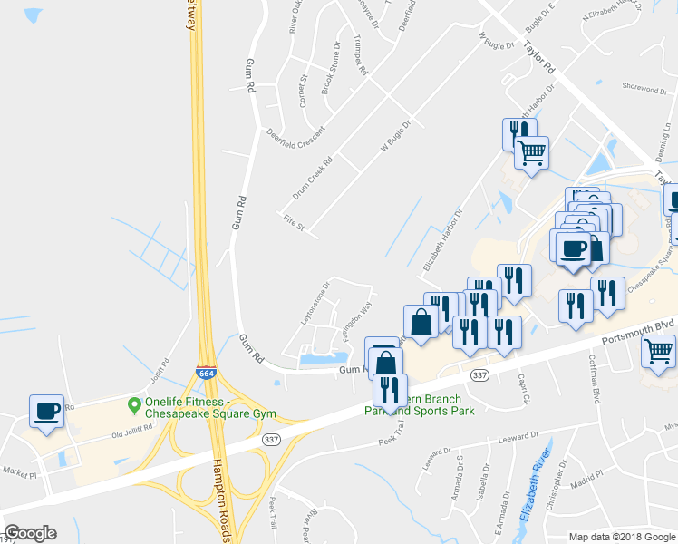 map of restaurants, bars, coffee shops, grocery stores, and more near 2444 Leytonstone Drive in Chesapeake