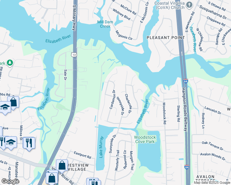 map of restaurants, bars, coffee shops, grocery stores, and more near 590 Cardamon Drive in Virginia Beach