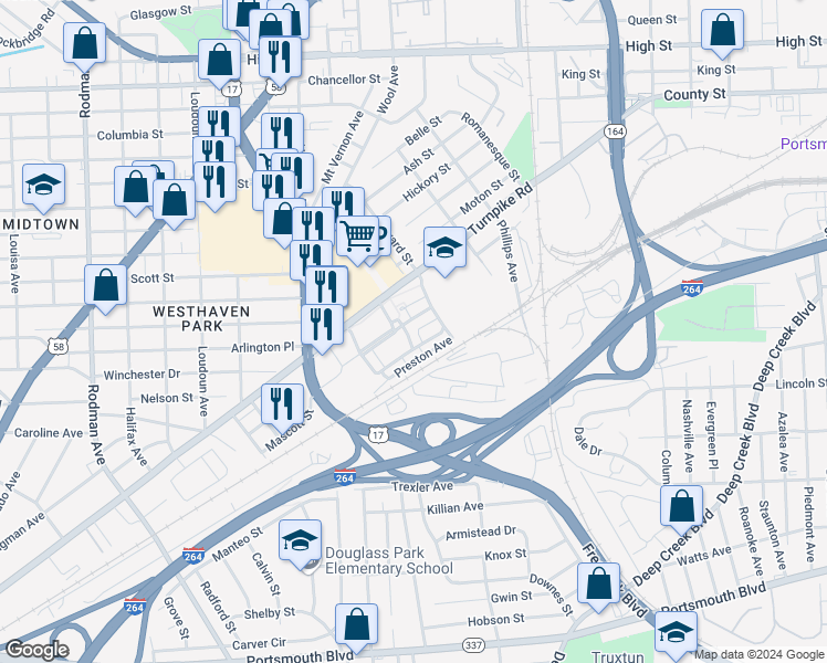 map of restaurants, bars, coffee shops, grocery stores, and more near 215 Wilson Drive in Portsmouth