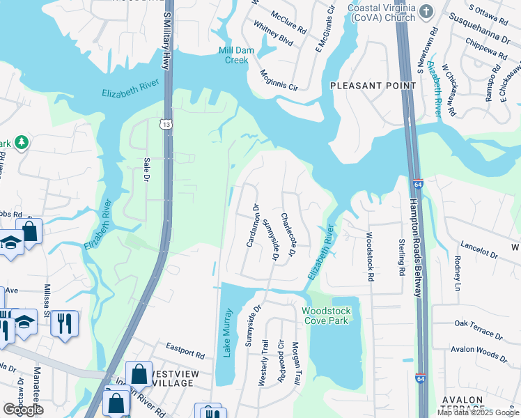 map of restaurants, bars, coffee shops, grocery stores, and more near 590 Cardamon Drive in Virginia Beach
