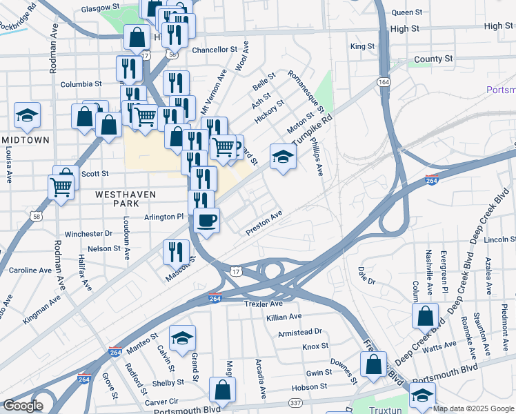 map of restaurants, bars, coffee shops, grocery stores, and more near 215 Wilson Drive in Portsmouth
