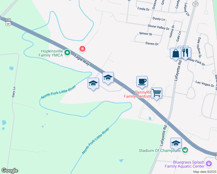 map of restaurants, bars, coffee shops, grocery stores, and more near 8349 Eagle Way in Hopkinsville