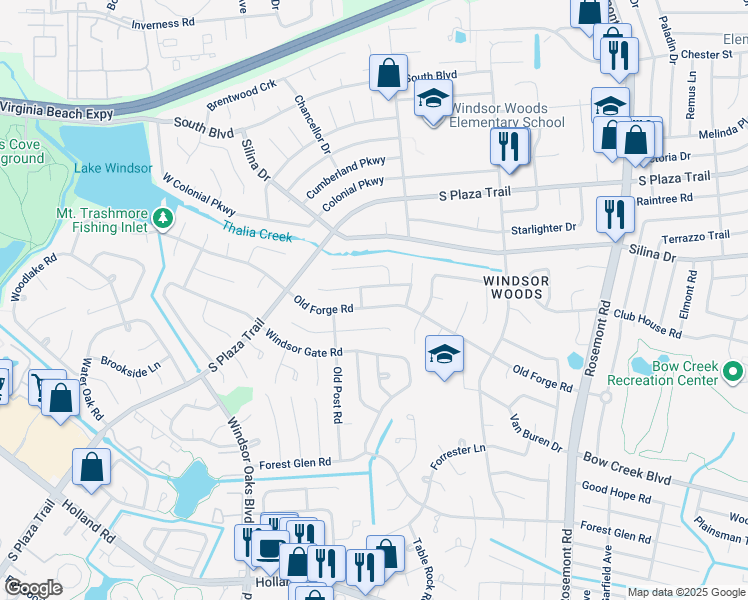 map of restaurants, bars, coffee shops, grocery stores, and more near 3824 Old Forge Road in Virginia Beach