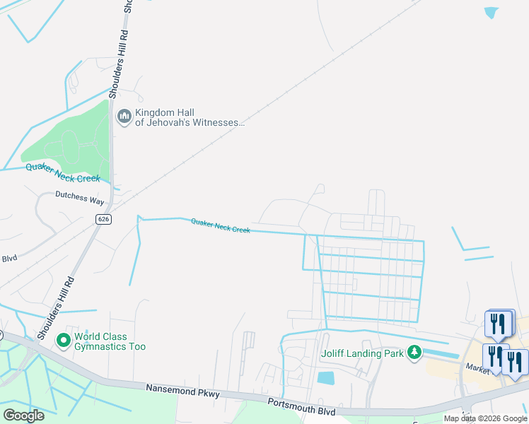 map of restaurants, bars, coffee shops, grocery stores, and more near 5223 Corolla Drive in Suffolk