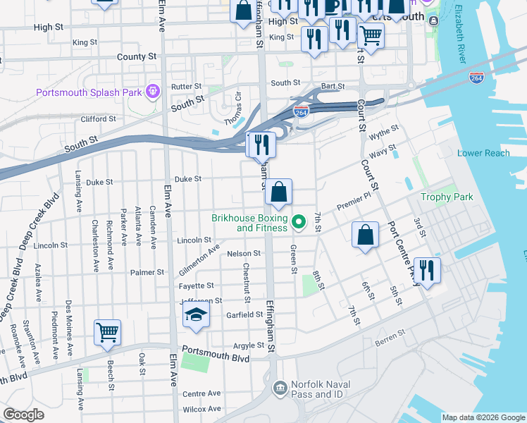 map of restaurants, bars, coffee shops, grocery stores, and more near 1620 Effingham Street in Portsmouth