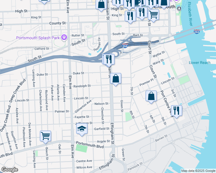 map of restaurants, bars, coffee shops, grocery stores, and more near 1620 Effingham Street in Portsmouth
