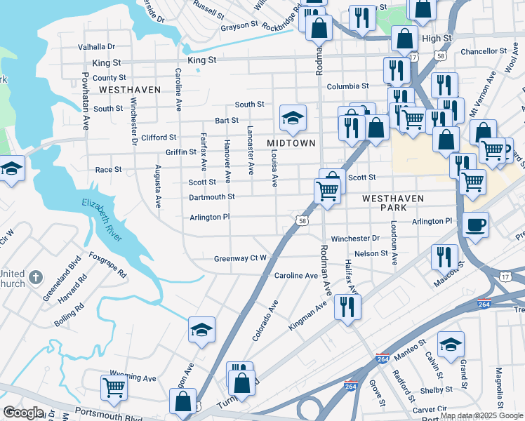 map of restaurants, bars, coffee shops, grocery stores, and more near 3917 Dartmouth Street in Portsmouth