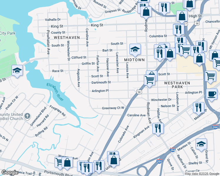 map of restaurants, bars, coffee shops, grocery stores, and more near 4023 Dartmouth Street in Portsmouth