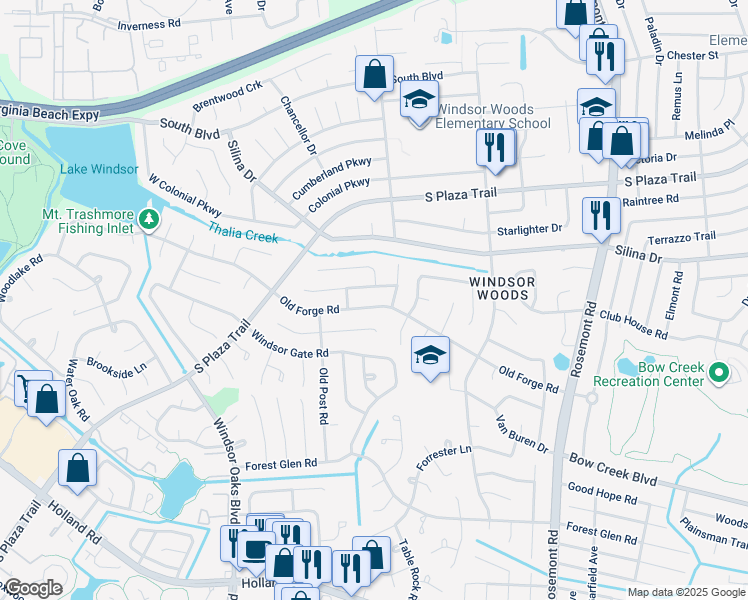 map of restaurants, bars, coffee shops, grocery stores, and more near 3816 Old Forge Road in Virginia Beach