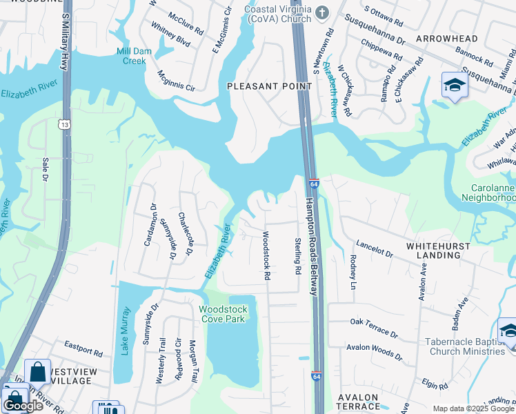 map of restaurants, bars, coffee shops, grocery stores, and more near 5832 Woodstock Point in Virginia Beach