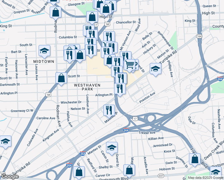map of restaurants, bars, coffee shops, grocery stores, and more near 3105 Brighton Street in Portsmouth
