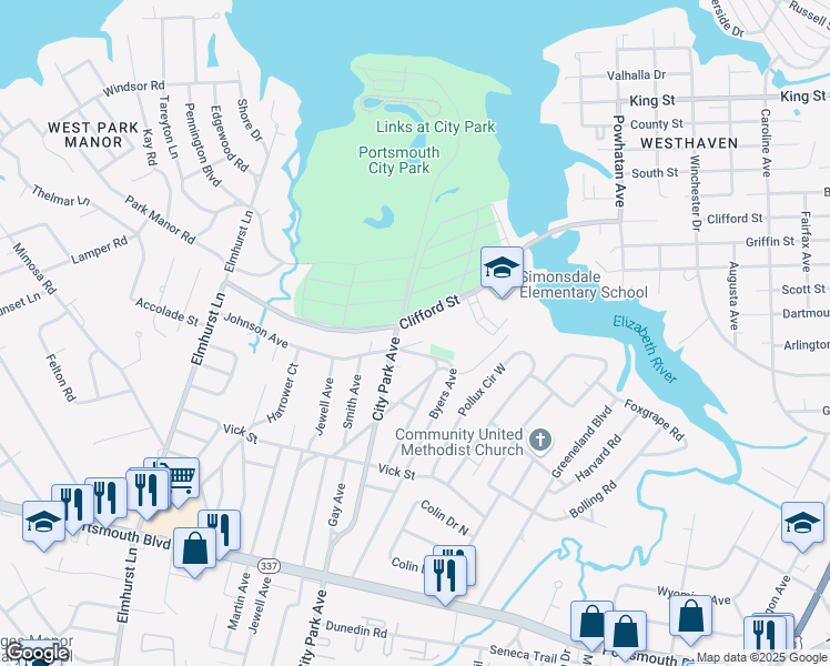 map of restaurants, bars, coffee shops, grocery stores, and more near 4900 Johnson Avenue in Portsmouth