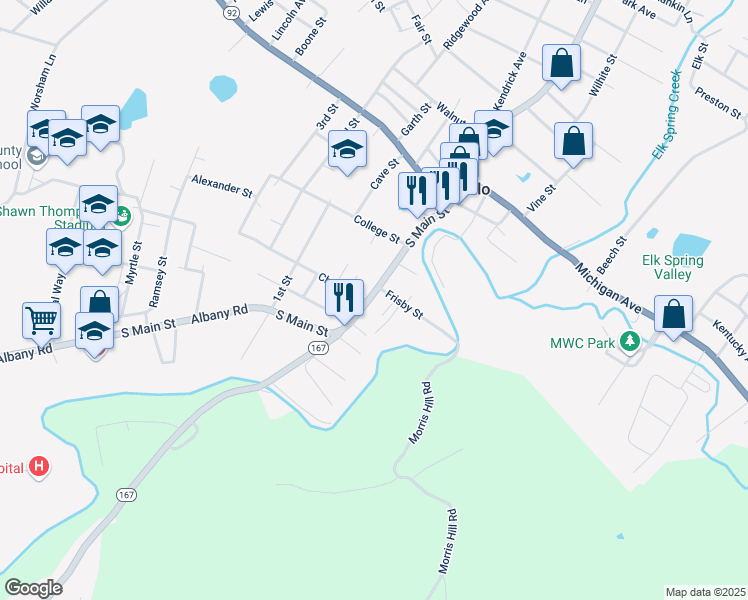 map of restaurants, bars, coffee shops, grocery stores, and more near 302 South Main Street in Monticello