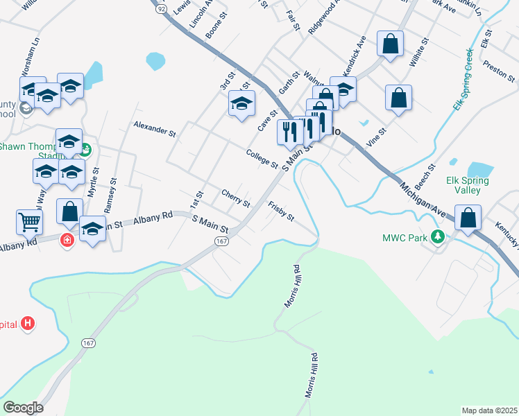 map of restaurants, bars, coffee shops, grocery stores, and more near 302 South Main Street in Monticello