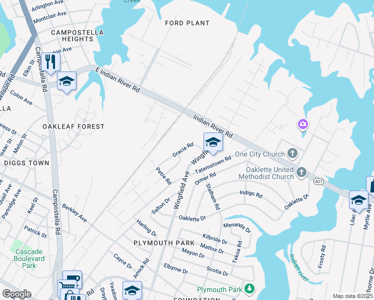 map of restaurants, bars, coffee shops, grocery stores, and more near 345 Gracie Road in Chesapeake