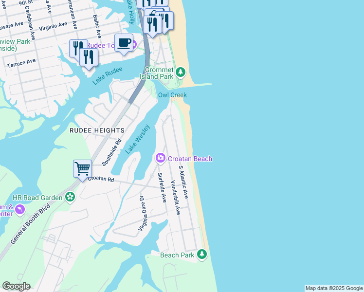 map of restaurants, bars, coffee shops, grocery stores, and more near 540 South Atlantic Avenue in Virginia Beach