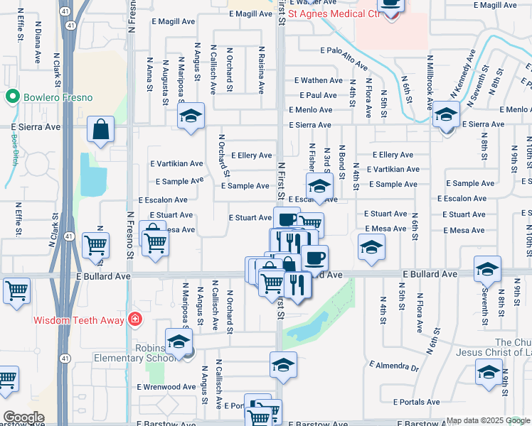 map of restaurants, bars, coffee shops, grocery stores, and more near 745 East Escalon Avenue in Fresno